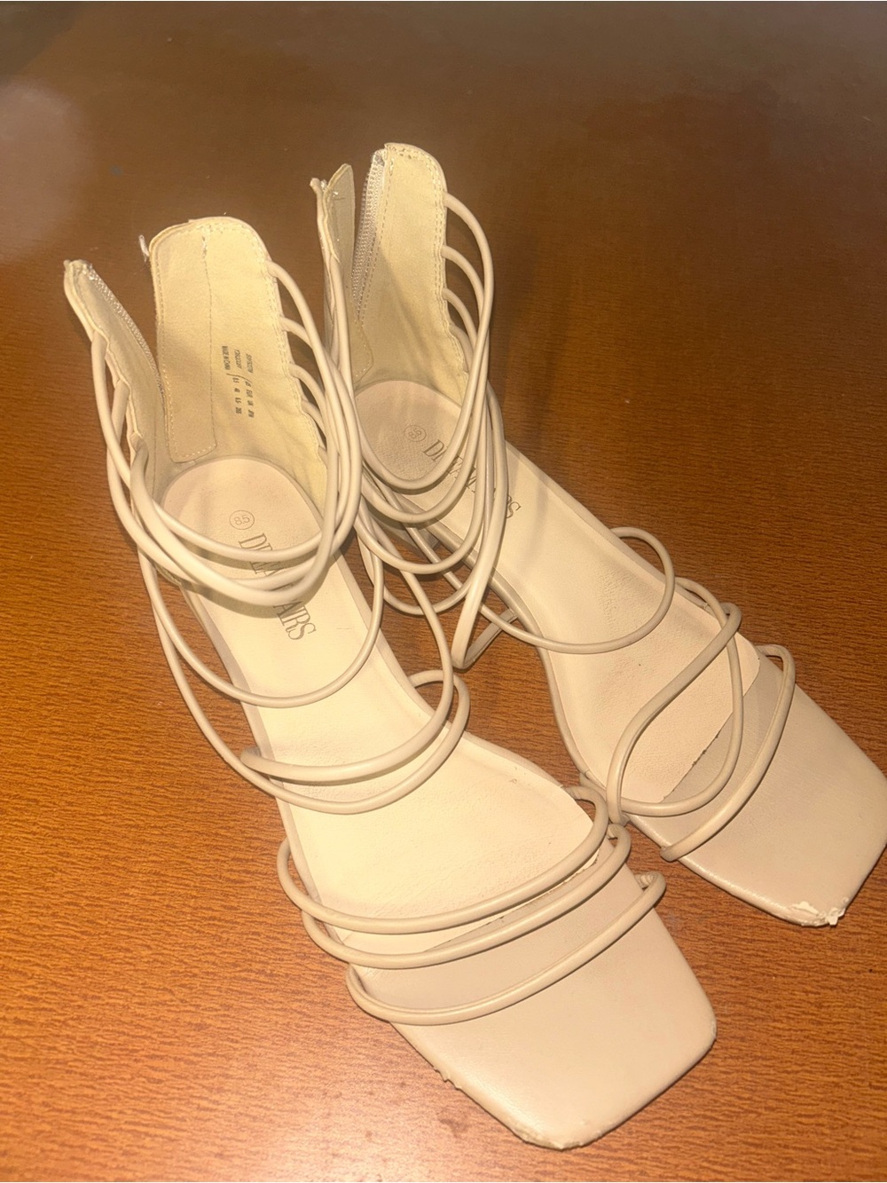 Strappy Square-Toe Heeled Sandals in Ivory
